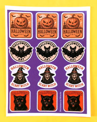 Vintage Style Halloween Ad Stickers Sheet Witch Black Cat Bat Jackolantern