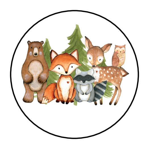 30 1.5″ WOODLAND ANIMAL BIRTHDAY BABY SHOWER FAVOR LABELS ROUND STICKERS