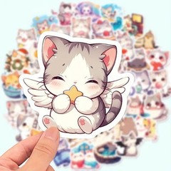 Kawaii Cat Stickers, 50 Cute Glossy Vinyl Stickers for Laptop, Gift, Bottles