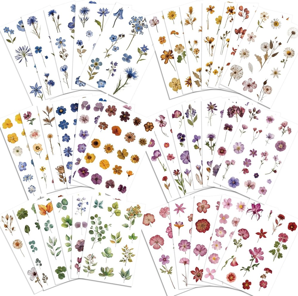 Pressed Flower Stickers(500 Pieces, 36 Sheets), Dried Flower Stickers Scrapbook
