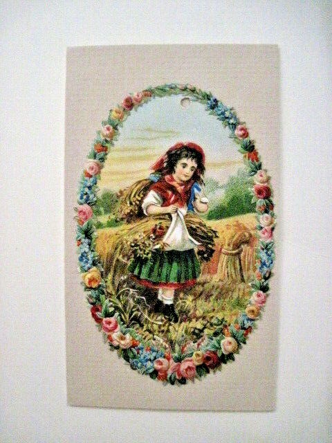 1800’s Die Cut Scrap of Girl Collecting Wheat In A Field Roses Surrounding Her*