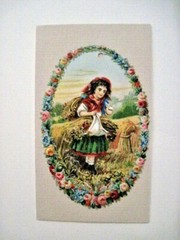 1800’s Die Cut Scrap of Girl Collecting Wheat In A Field Roses Surrounding Her*