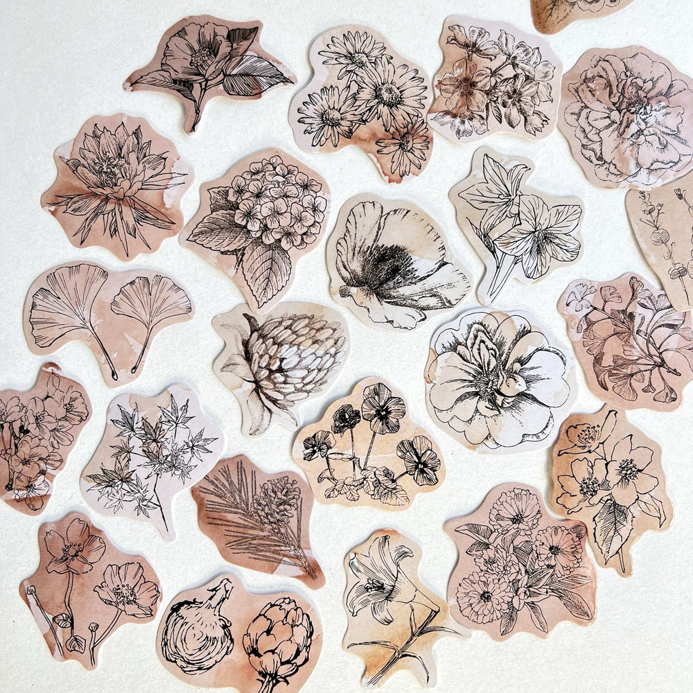 Vintage Style Floral Ink Drawing Stickers Junk Journal Collage Scrapbooking