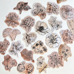 Vintage Style Floral Ink Drawing Stickers Junk Journal Collage Scrapbooking