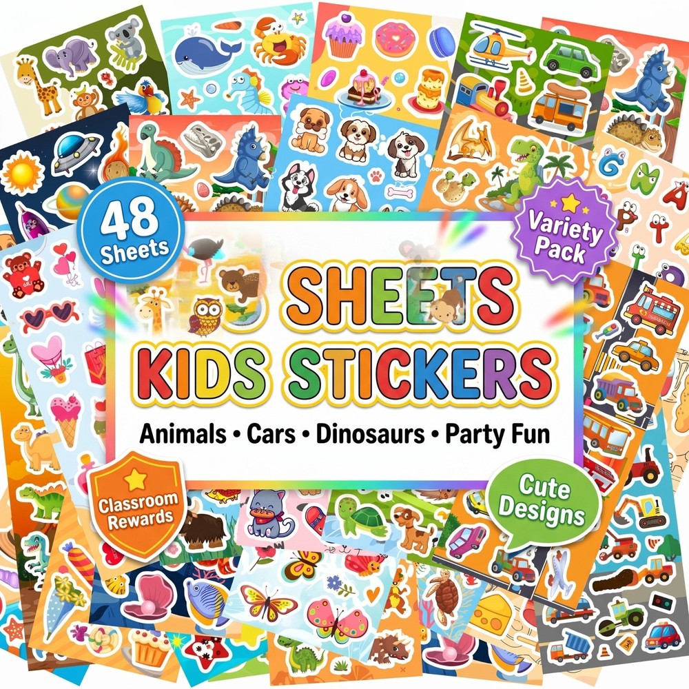 48 Sheets Kids Stickers Variety Pack Classroom Rewards Party Favors