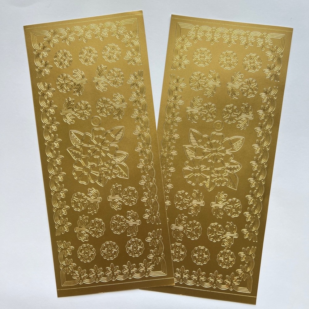 🌼 Vintage 90s 2 sheets Elegant GOLD FOIL Flower STICKERS outline floral borders