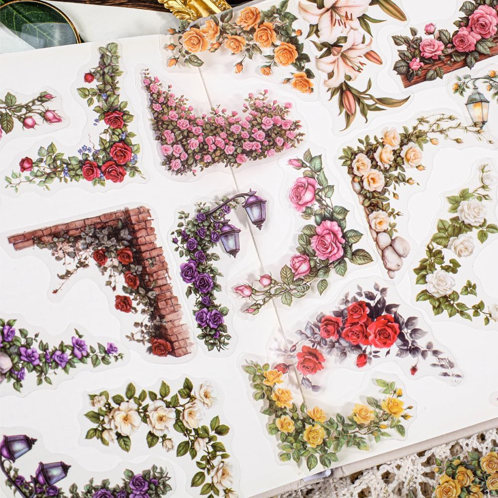 180Pcs Courtyard Corner Flower Stickers for Scrapbooking Journaling Vintage Flow