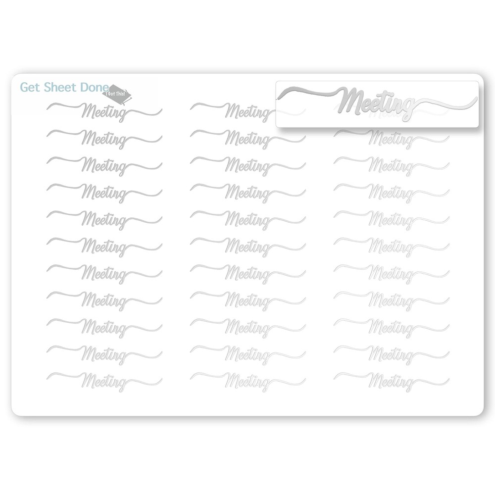 Meeting  Script Planner Stickers / 30 Gold Foiled Text Headers (1.5″) SILVER