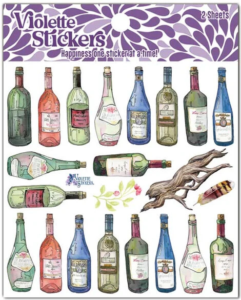 Violette Stickers 2 Sheets Rustic Wine Bottles Drift Wood Various Shapes Colors