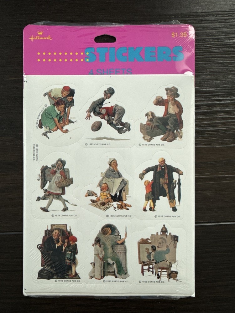 Vintage NORMAN ROCKWELL Sticker 4 Sheet Pack CURTIS Pub Co Hallmark 1990s