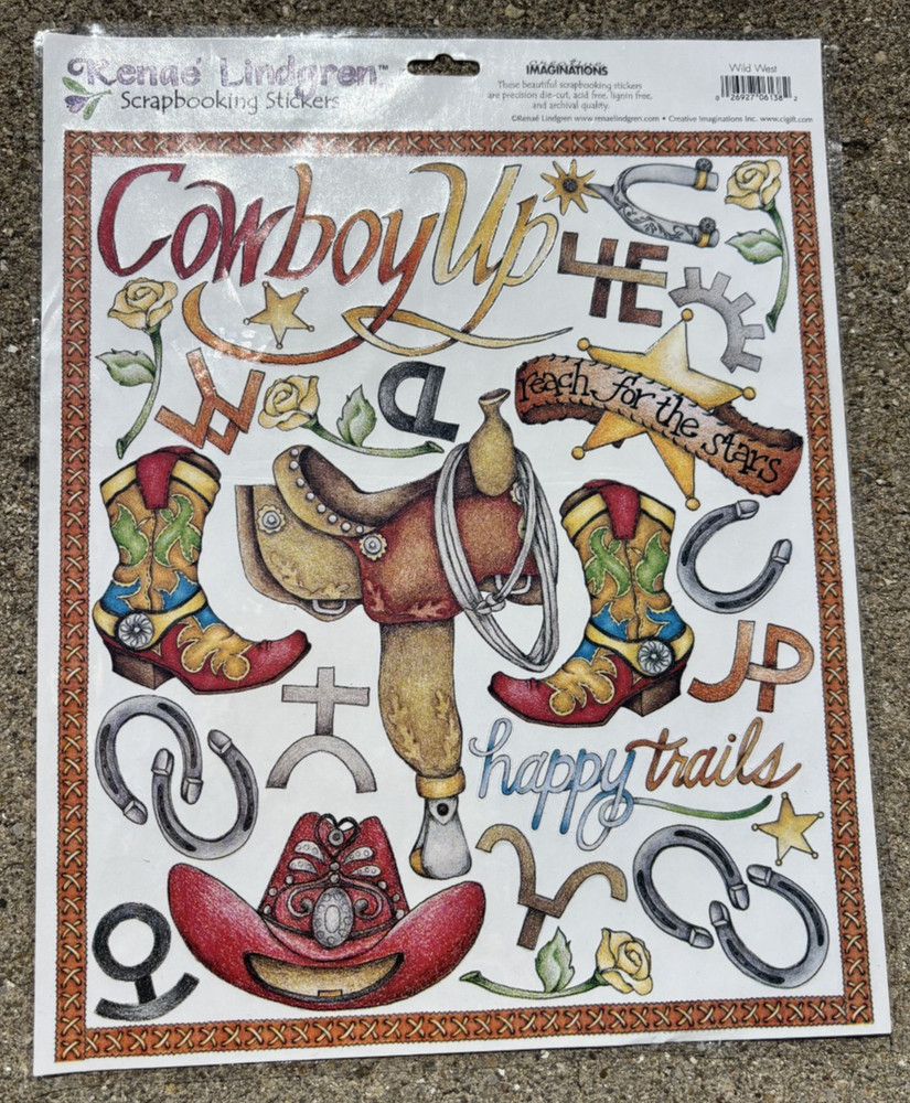 NEW 8 x 10″ Creative Imaginations Sticker Sheet COWBOY HAPPY TRAILS BOOTS HAT