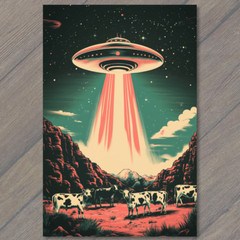 STICKER UFO Cow Abduction Retro Sci-Fi Alien Spaceship Beam Invasion Classic