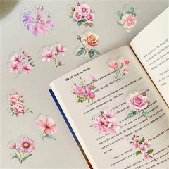 50PCS Pink Flower Stickers Aesthetic PET Transparent Pinkflower