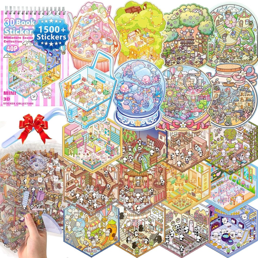 3D Sticker Spiral Book Activity – 20 DIY Scene Sets (1500+ Stickers) , Tweezers