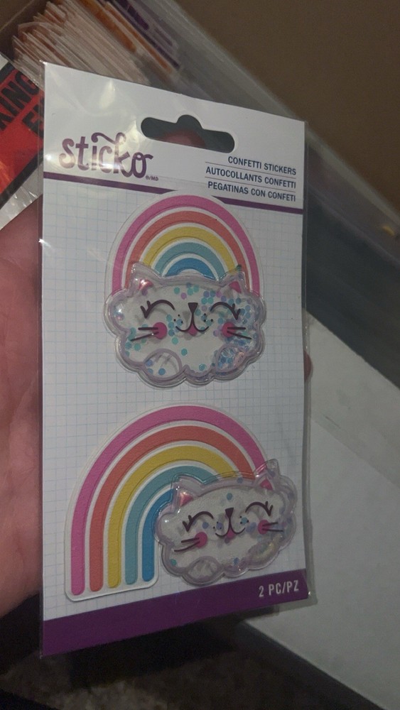 Cat RAINBOW Sticko 3-D Epoxy Confetti Stickers Brightly Coloured Cat Faces