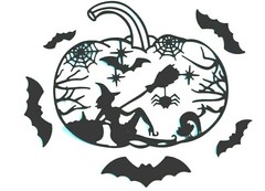 PUMPKIN W/ WITCH, BATS, CATS, WEBS SCENE SILHOUETTE DIE CUT/ CUTS, INTRICATE!