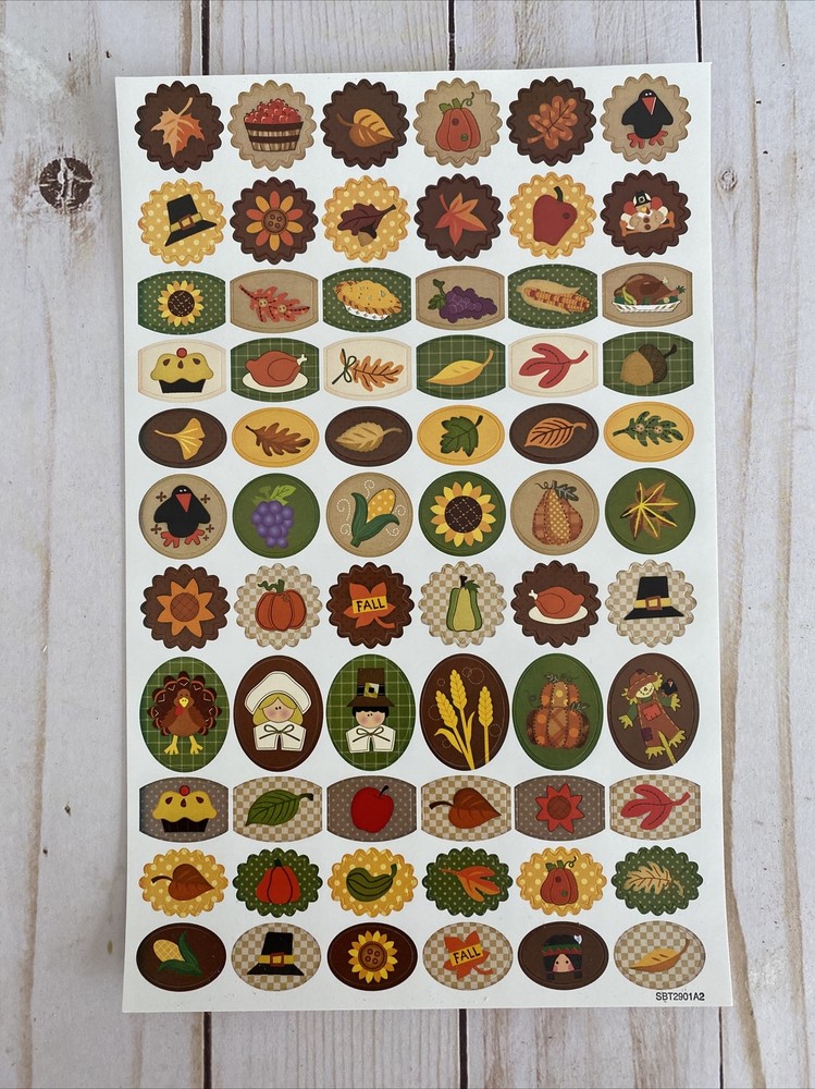 Thanksgiving 66 Stickers Leaves Acorn Pilgrims Corn Turkey Pie Crow Grapes New