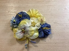 2 Vintage Ribbonwork Flowers Yellow, Blue & Green Silk Satin Stamens