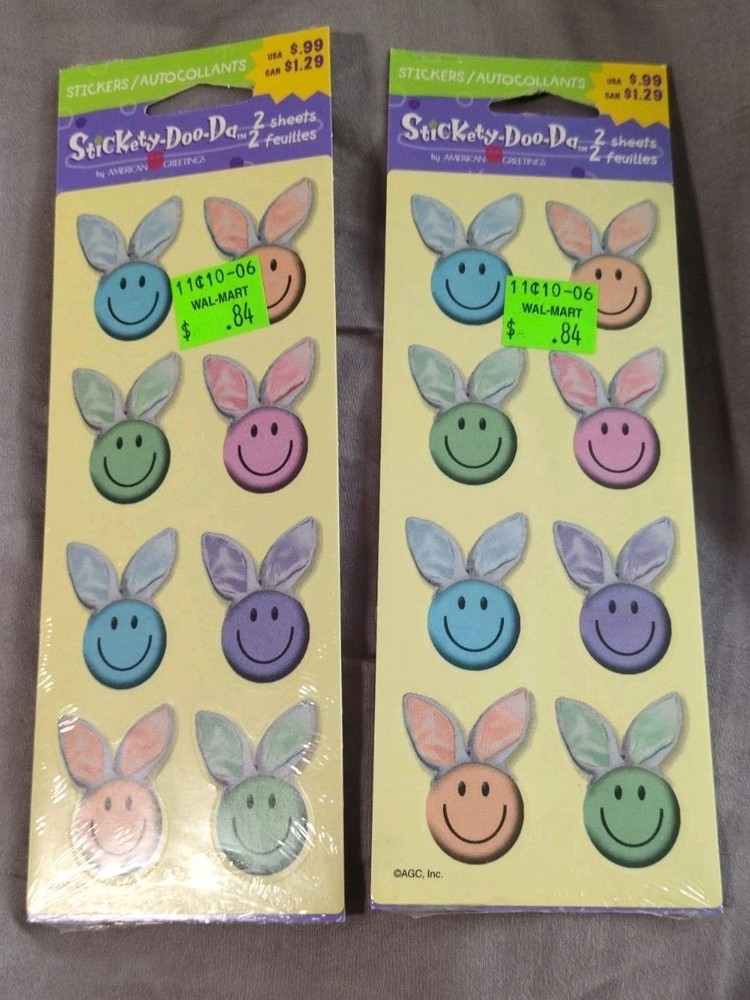 NEW Stickety Doo Da SMILEY FACE RABBIT EARS EASTER BUNNY Stickers Lot Of 2