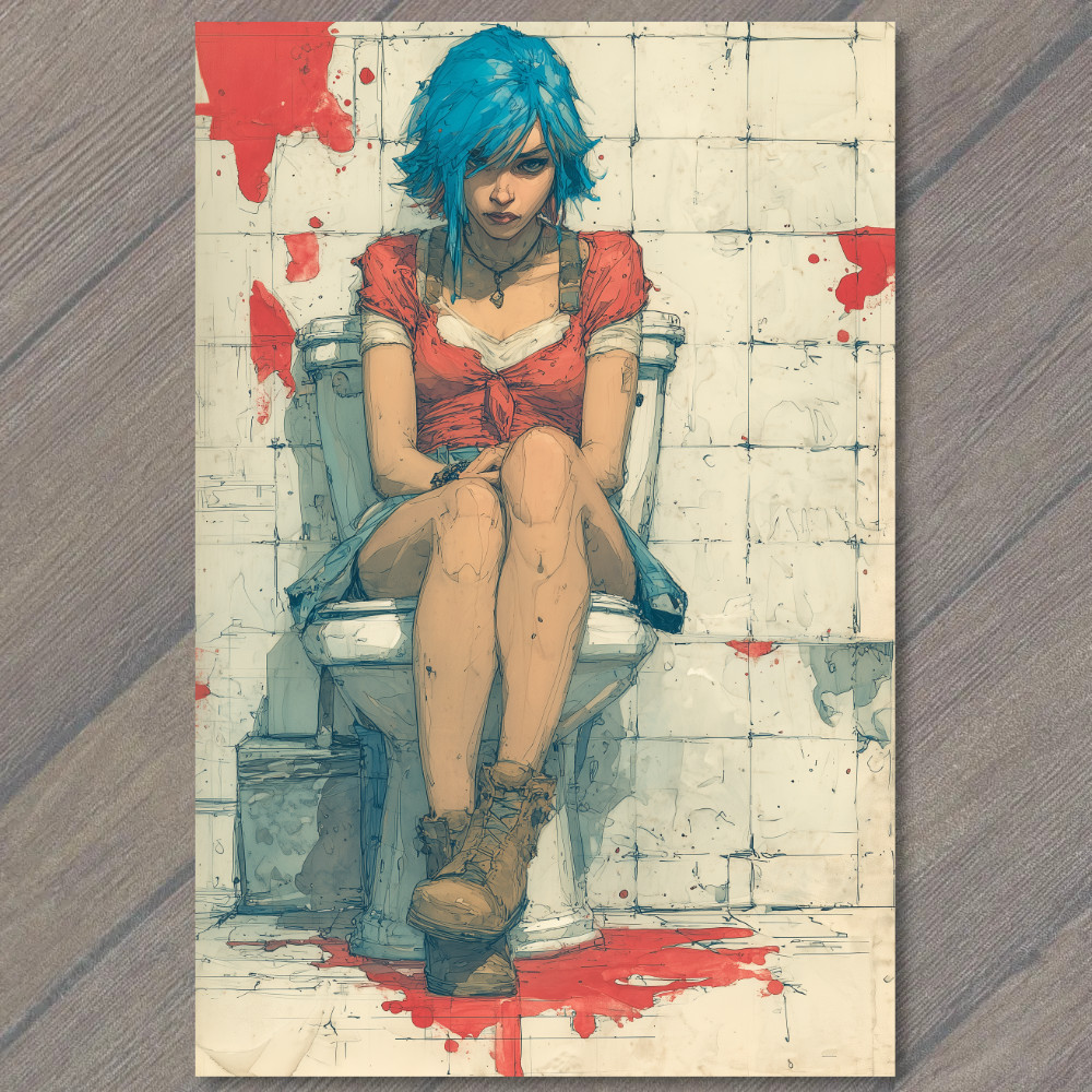 STICKER Blue Hair Woman Sitting Toilet Red Boots Splatter White Tile Wall