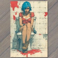 STICKER Blue Hair Woman Sitting Toilet Red Boots Splatter White Tile Wall