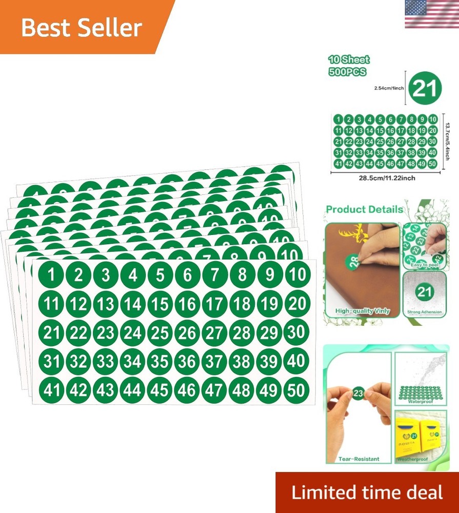 500 Pack Green Round Number Stickers 1-50 – Waterproof Vinyl Labels for All Uses