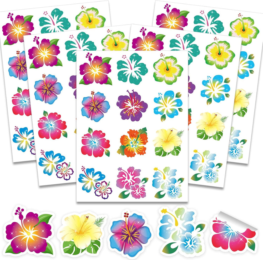 288Pcs Hibiscus Stickers Hawaiian Tropical Luau Stickers Hawaii Flower Self Adhe