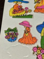 Vintage 1970s 1980s Puffy Stickers Prairie Girls in Bonnets Hats Flowers Boho