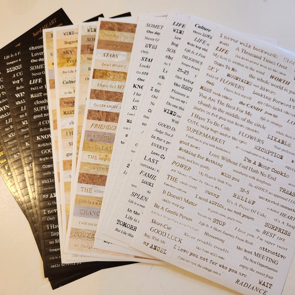 NEW Lot 12 Sheets Word Stickers Black White Tan Neutrals Gold Phrases Sentiments