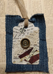 Six OOAK Junk Journal Denim Tags Ephemera Scrapbooking VTG Embellished Handmade