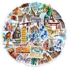 50pcs Architecture Stickers, History Monument Buildings Cultural Symbols 202