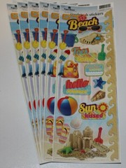 6 Beach Scrapbook Sticker Sheets-Sand Castle, Bomb Pop, Waves, Sunglasses, Shell