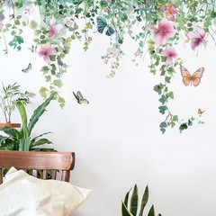 Flower Vine Wall Decals Hanging Green Leaves Wall Stickers Butterfly Flower Plan