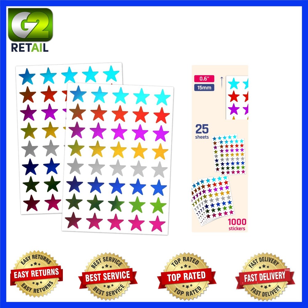 0.6″ Diameter Glitter Foil Star Stickers – 1000 Count in 8 Dazzling Colors