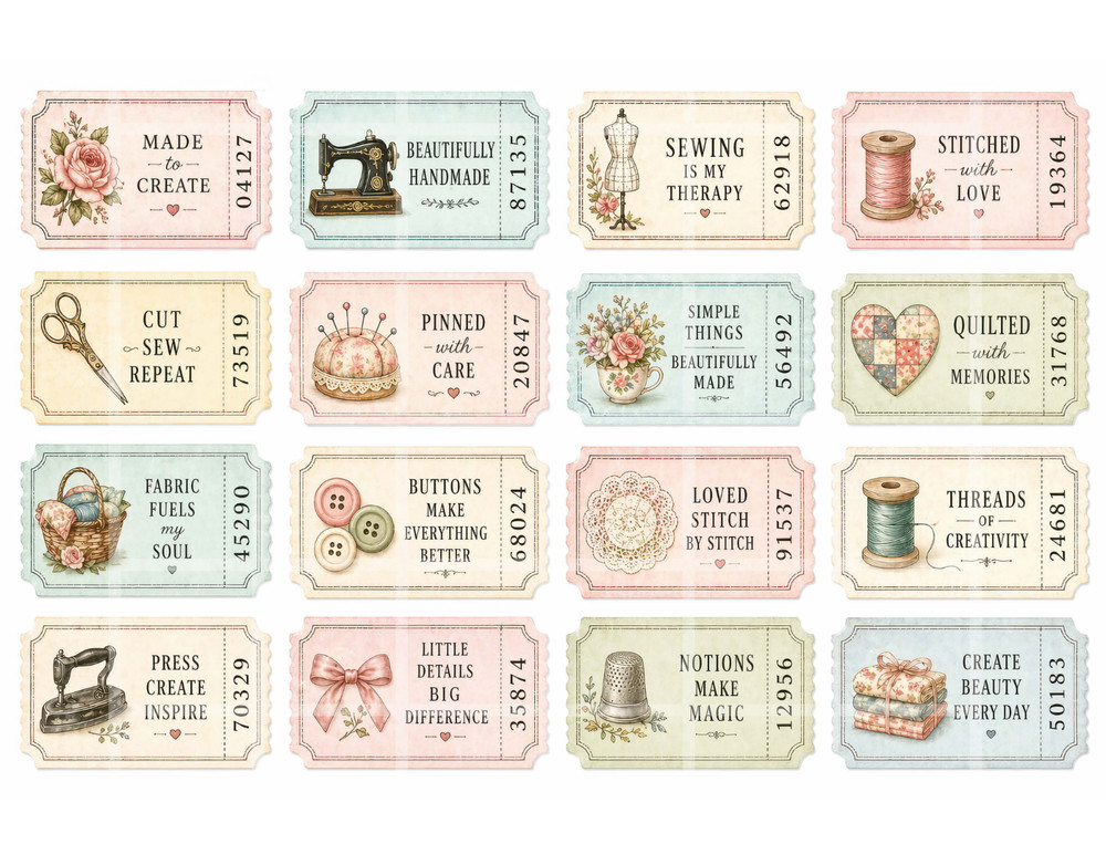 1 Pg Sewing Tickets For Card Toppers Junk Journal Supplies Scrapbook Ephemera