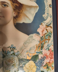 Antique Wood Frame Victorian Die Cut Picture Young Lady Pink Dress Roses 17 x 22