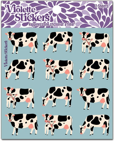 Violette Stickers 2 Sheets Holstein Cows Babies Calves Dairy Black White Repeats