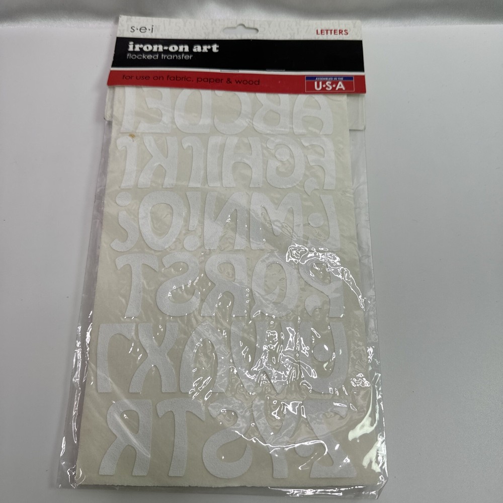 New S.E.I. Flocked Iron-On Transfers «COOL LETTERS» White Uppercase & Lowercase
