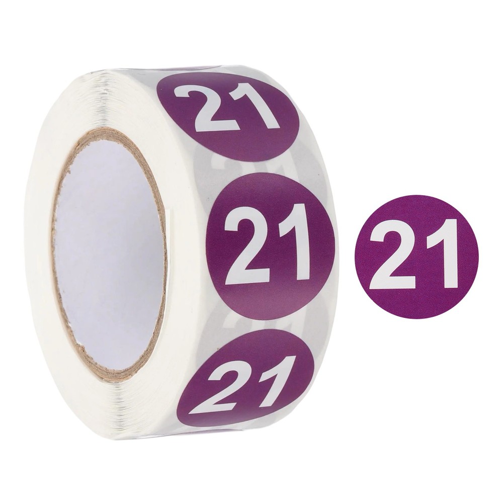 Number 21 Stickers 1″ Round Coded Self-Adhesive Labels Purple 500Pcs/Roll
