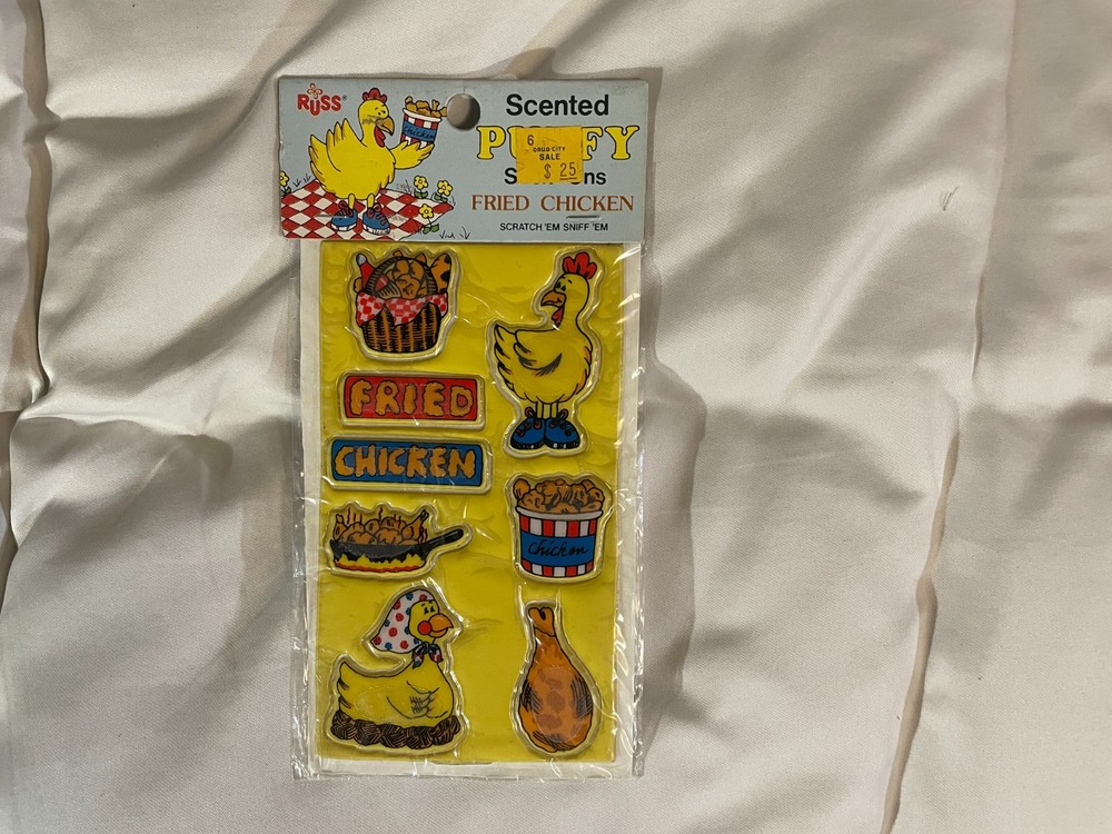 Vintage Stickers Scratch N Sniff Russ Puffy Fried Chicken Package SEALED Scented