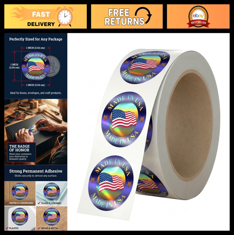 USA Hologram Flag Stickers 1″ Round American Flag Labels, 500 PCS, Glossy Finish