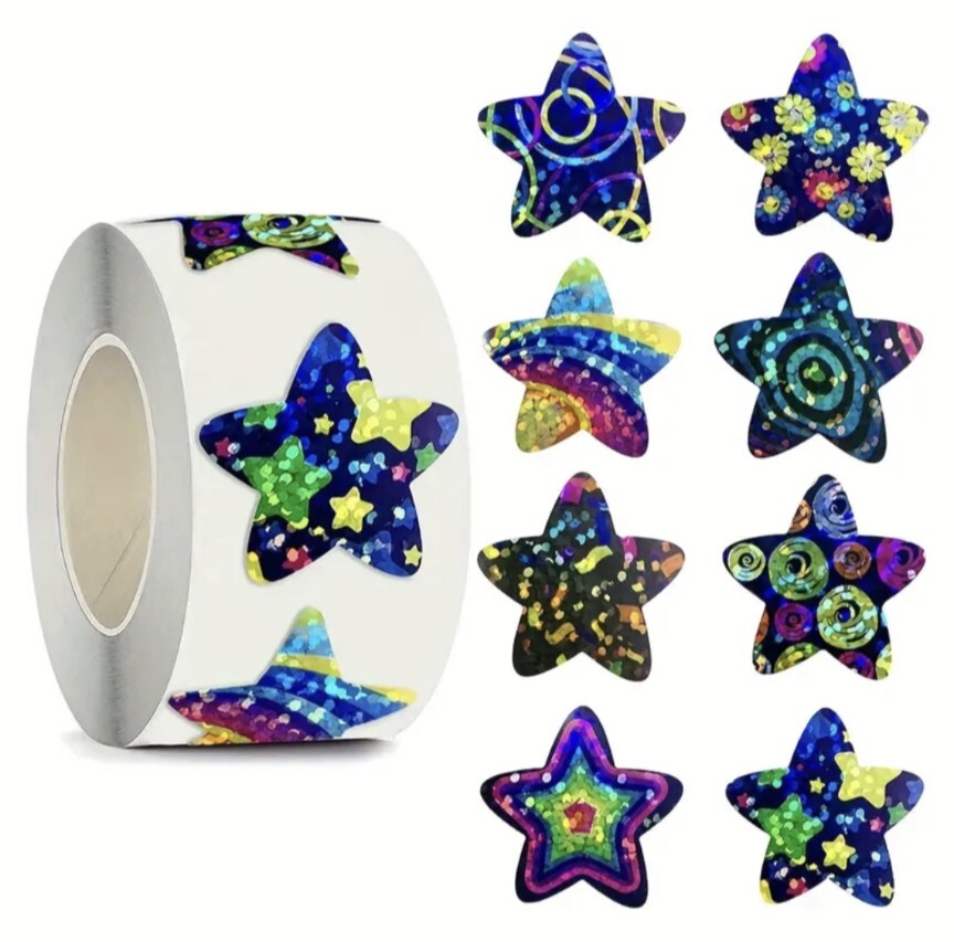 500 pcs Sticker Roll Laser Star Designs Shiny Matte Semi Gloss Self Adhesive NEW