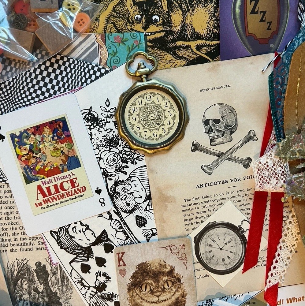 Alice in Wonderland Ephemera Lot Book Pages Playing Cards Some VTG 130 pieces