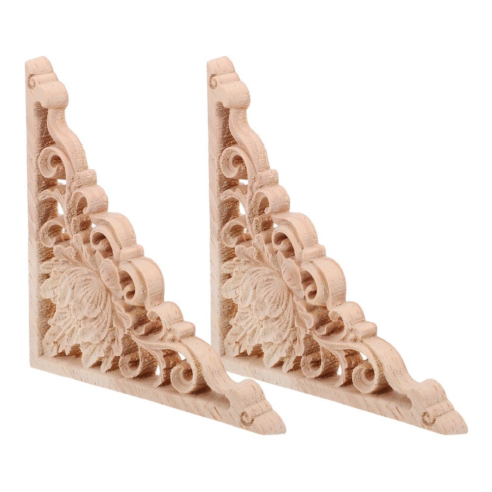 2Pcs Khaki Wooden Applique Carved Decor for Doors Cabinets and Furniture
