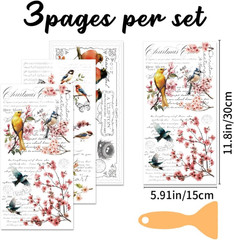 3 Sheets Vintage Rub on Transfers for Crafts and Furniture,Floral and Birds,Cold