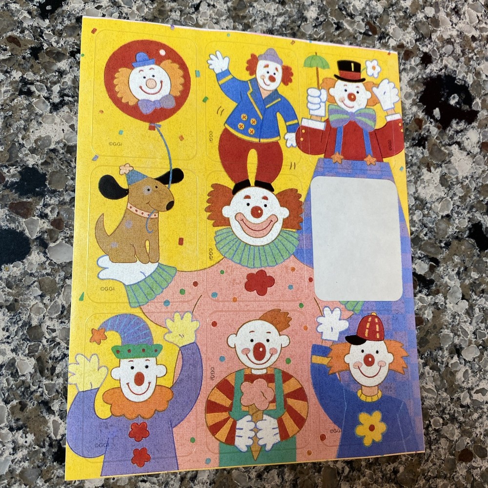 Vintage Clown Stickers 8 Count In Package 80’s 1980’s antique sticker sheet