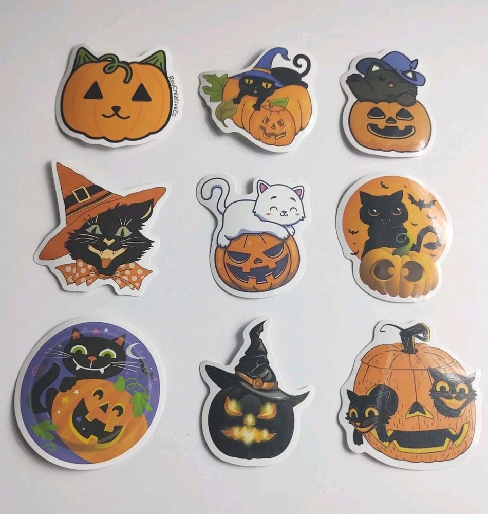 Lot Of 9 Stickers Halloween Pumpkins Black Cats Bats Witches Spooky