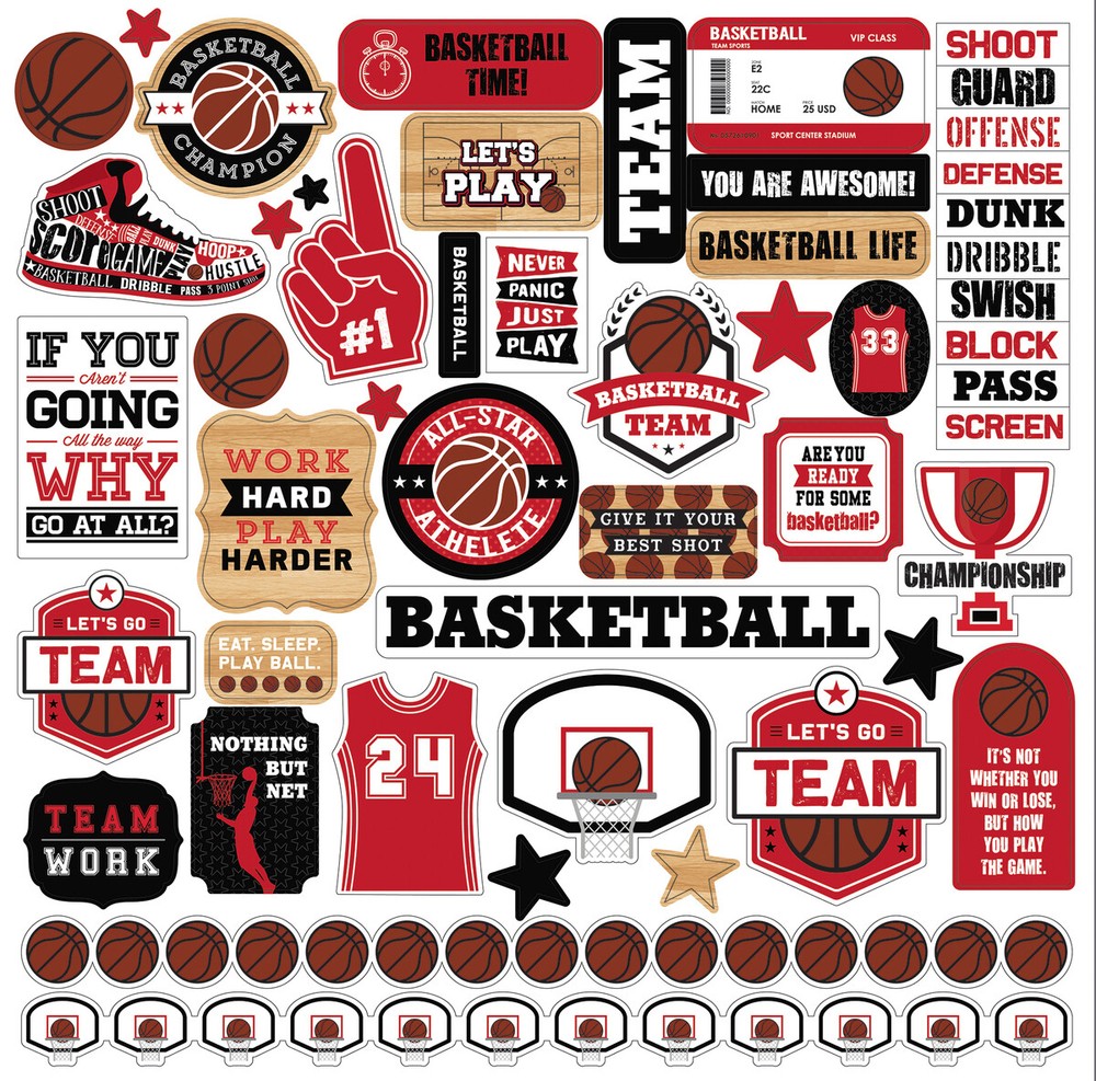 (1) 12×12 Sheet of Echo Park Paper BASKETBALL Theme Scrapbook Element Stickers