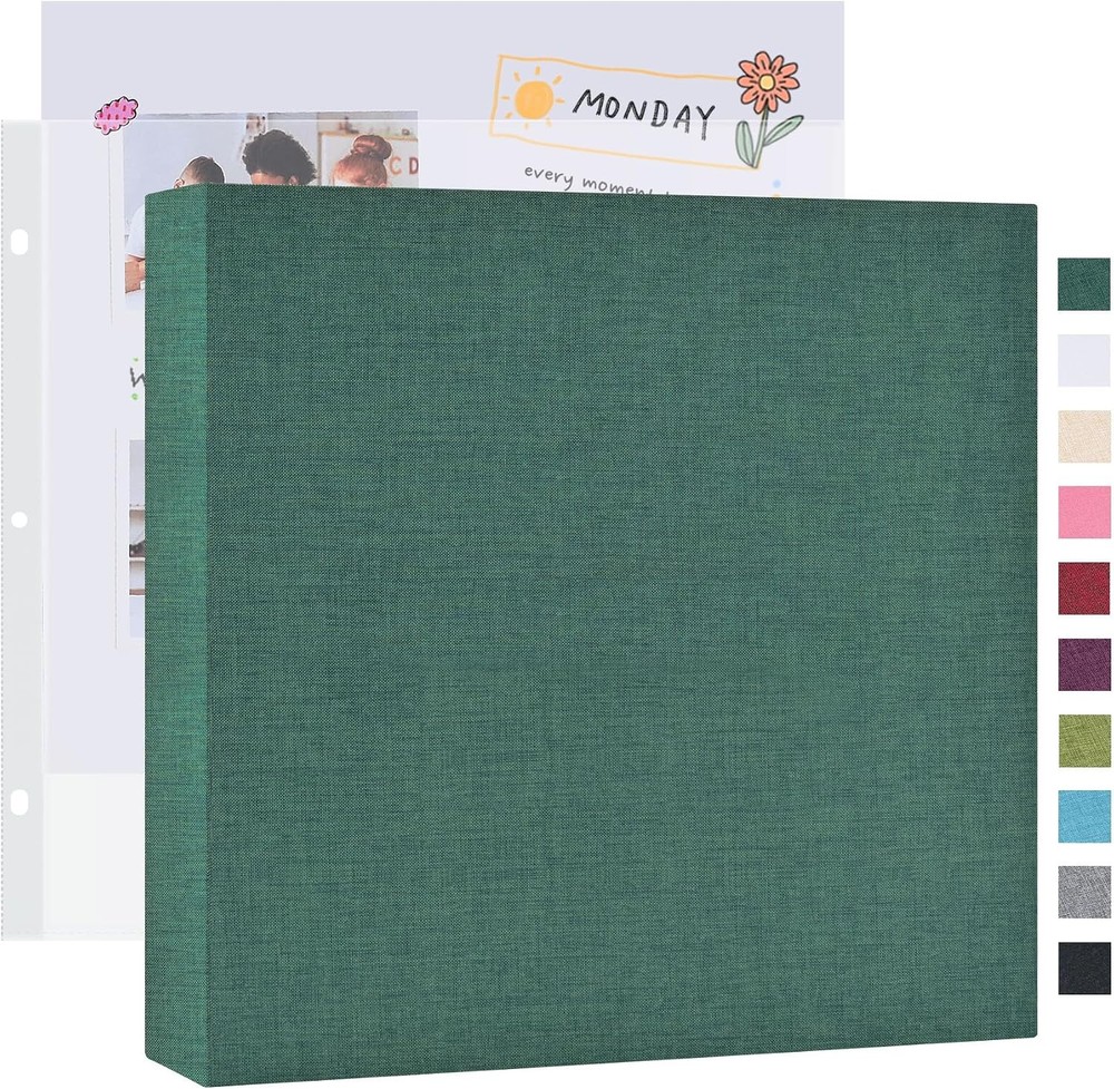 12×12 Large Scrapbook Photo Album 3 Ring Binder Linen Cover Dark Green 20 Pages