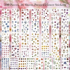 Pressed Flower Stickers(500 Pieces, 36 Sheets), Dried Flower Stickers Scrapbook